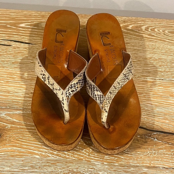 K Jacques St Tropez Python Print Leather Cork Wedge Thong Sandal 37 - Picture 1 of 6